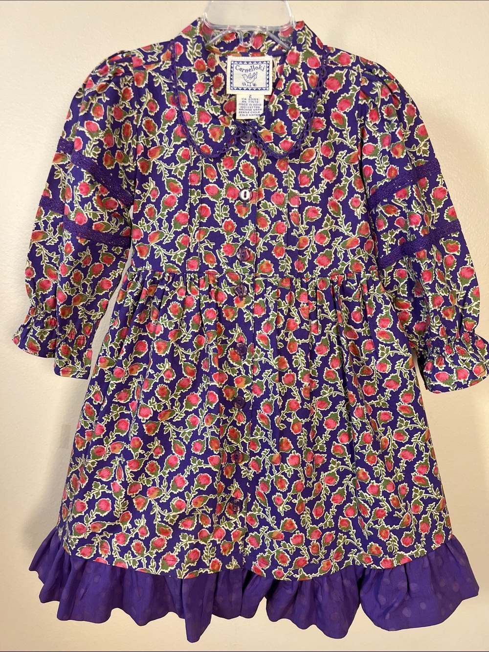 Vintage April Cornell Purple Floral Long-Sleeve boho, prairie, cottagecore Dress